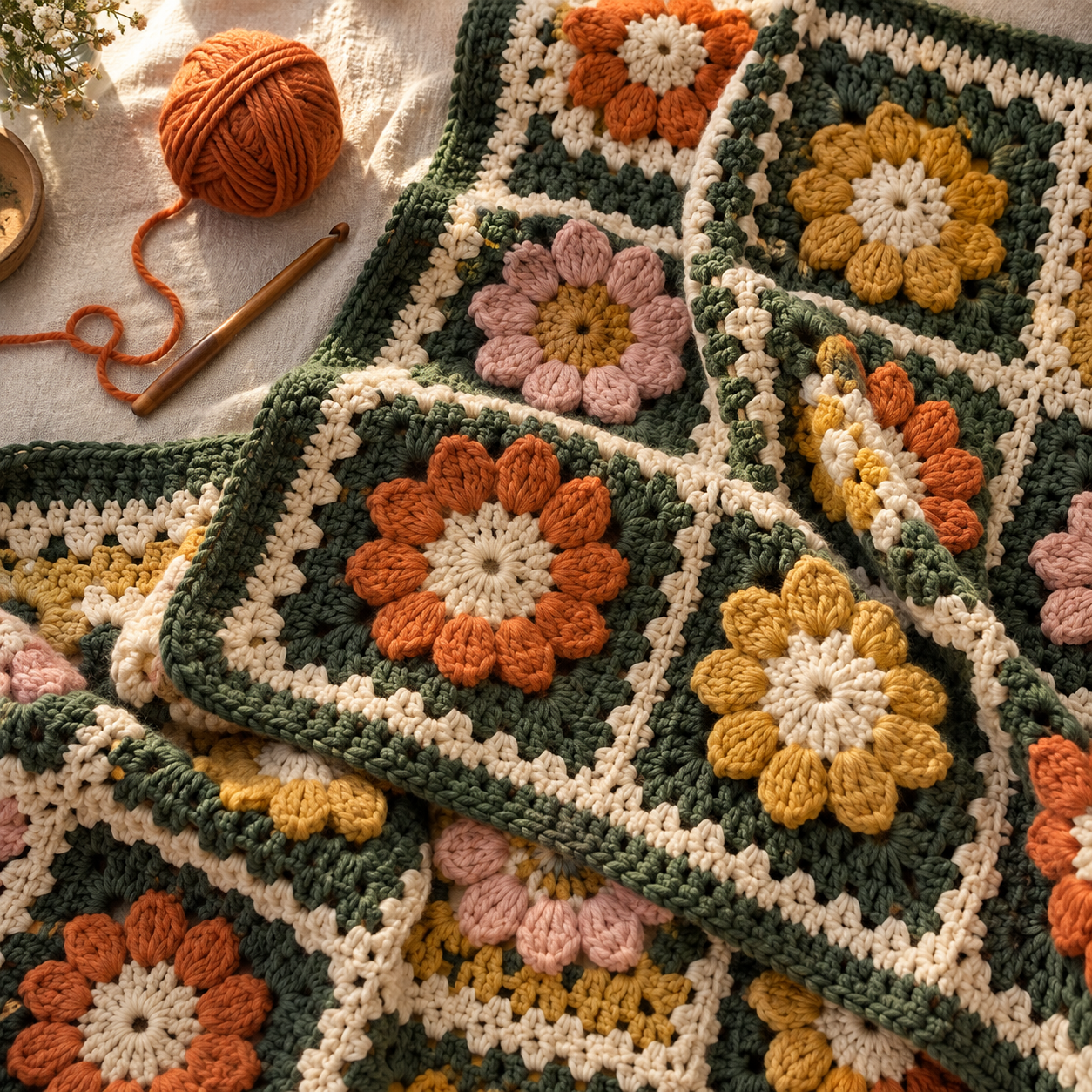 Sunlit crochet granny squares in green, orange, butter yellow and cream