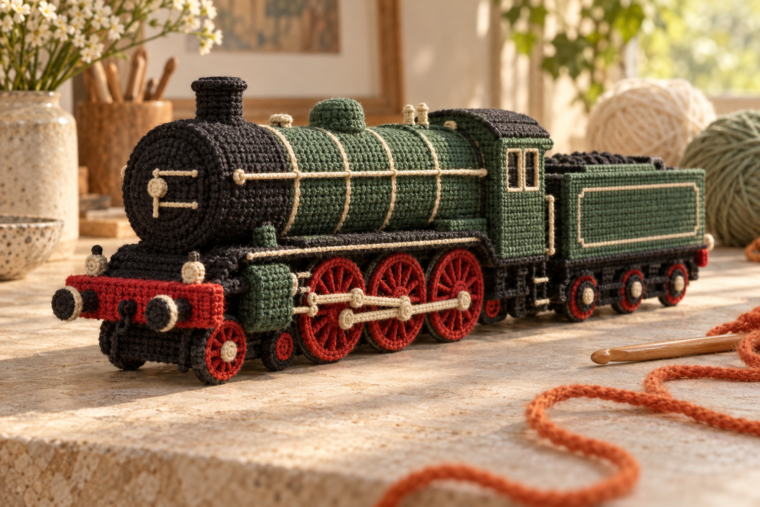 A forest green crochet steam locomotive with red wheels, surrounded by yarn